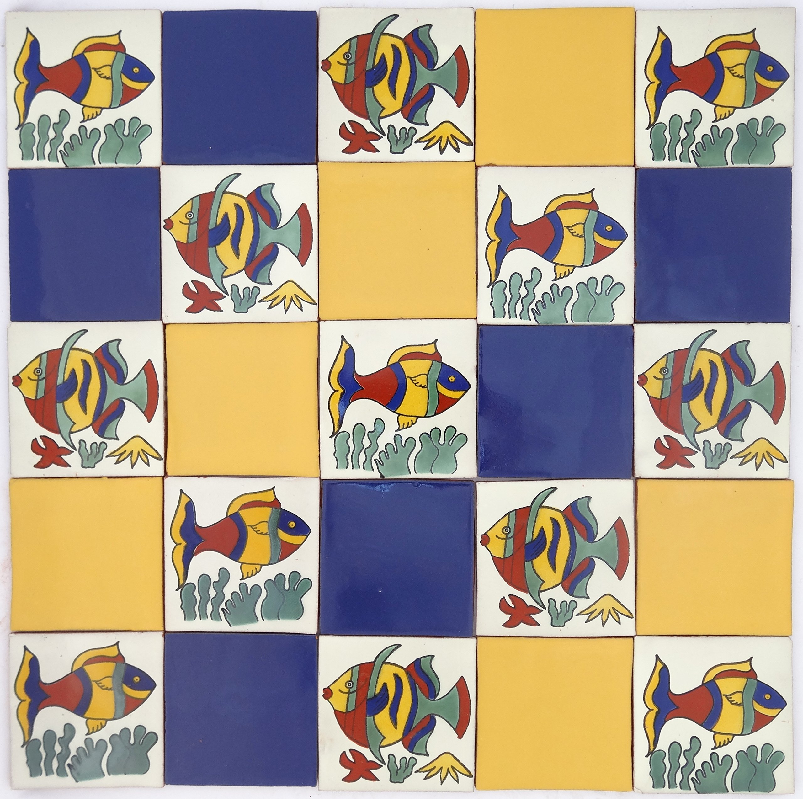 Tumia LAC Handmade Mexican Talavera Tile - Authentic Style Peces Tranquilo Ceramic Tiles for Crafts, Backsplashes and Home Improvement - 25 Pack