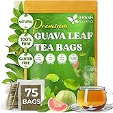 FRESHDRINKUS, Premium 75 Guava Leaf Tea Bags, 100% Natural & Pure. Loose Leaf Guava Herbal Tea. No Sugar, No Caffeine, No Gluten, Vegan.