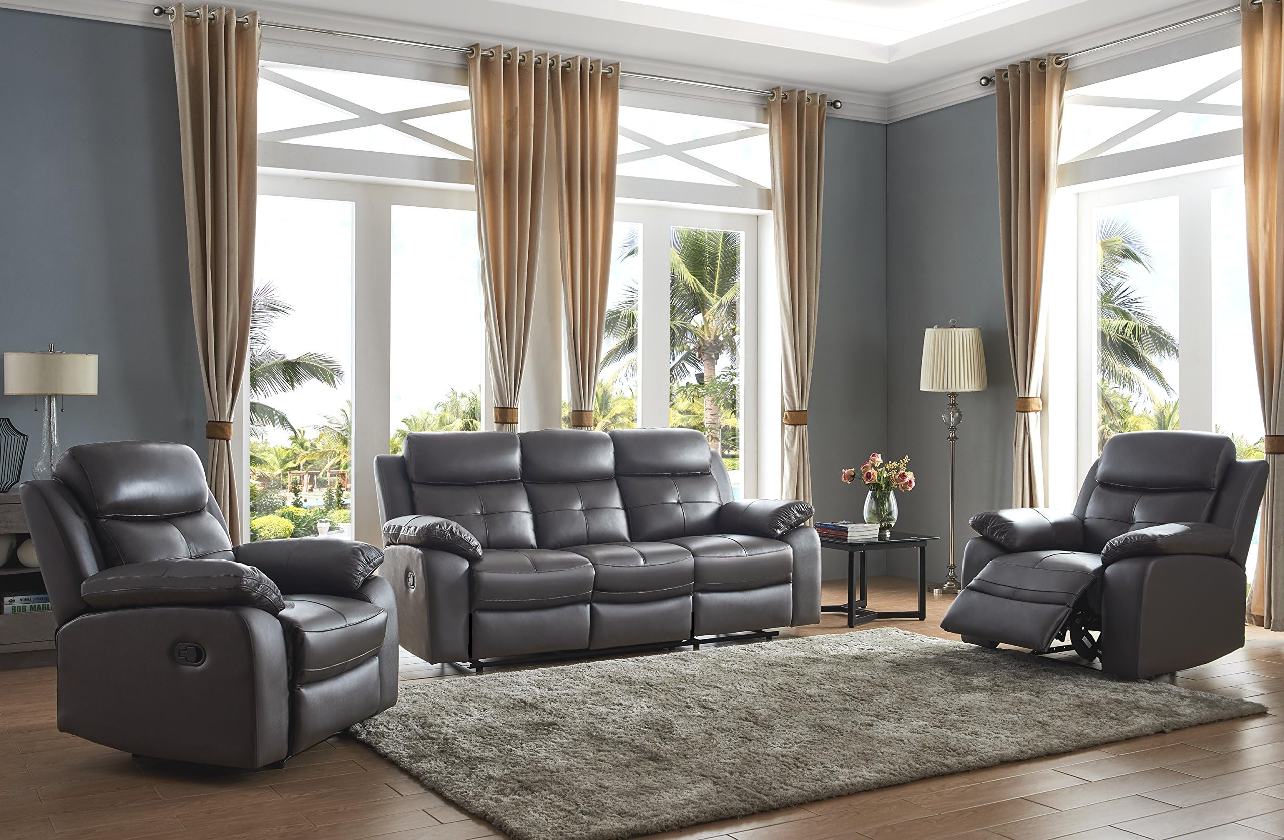 Brown Leather Manual Reclining 3 Seater Sofa + 2 Leather Manual Recliner Armchairs Suite CHICAGO