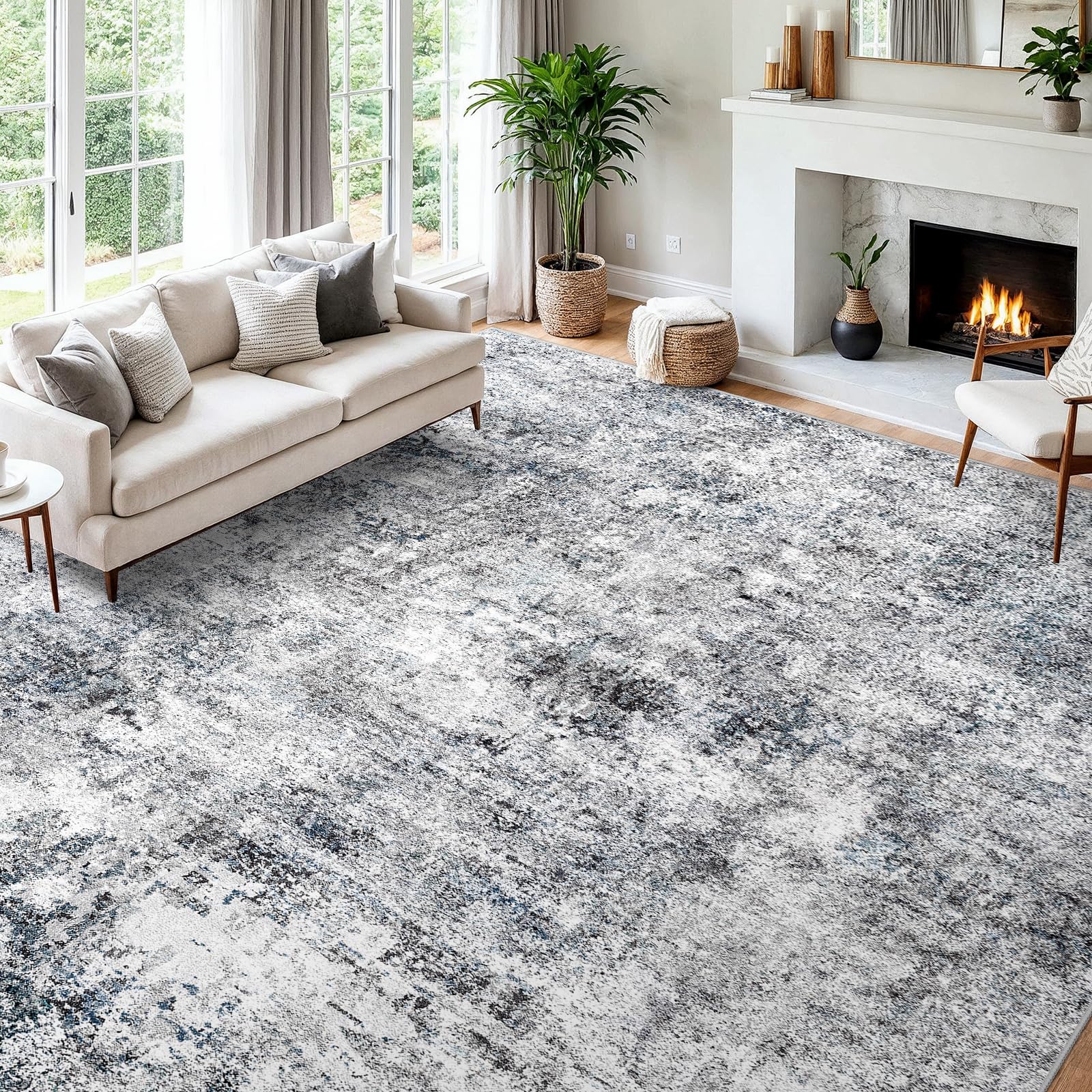 Photo 1 of 12x18 Living Room Area Rug - Washable Large Non-Slip Rug Modern Abstract Floor Carpet Neutral Thin Low-Pile Indoor mat for Bedroom Dining Room Playroom (Blue Gray,12x18)