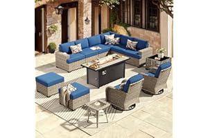HOOOWOOO Outdoor Sectional Patio Furniture Set with Fire Pit Table,13 Pieces Wicker Conversation Sets L Shaped Couch,Extra Deep Out Door Sofa Outside Furniture with Swivel Chairs Ottomans,Navy Blue