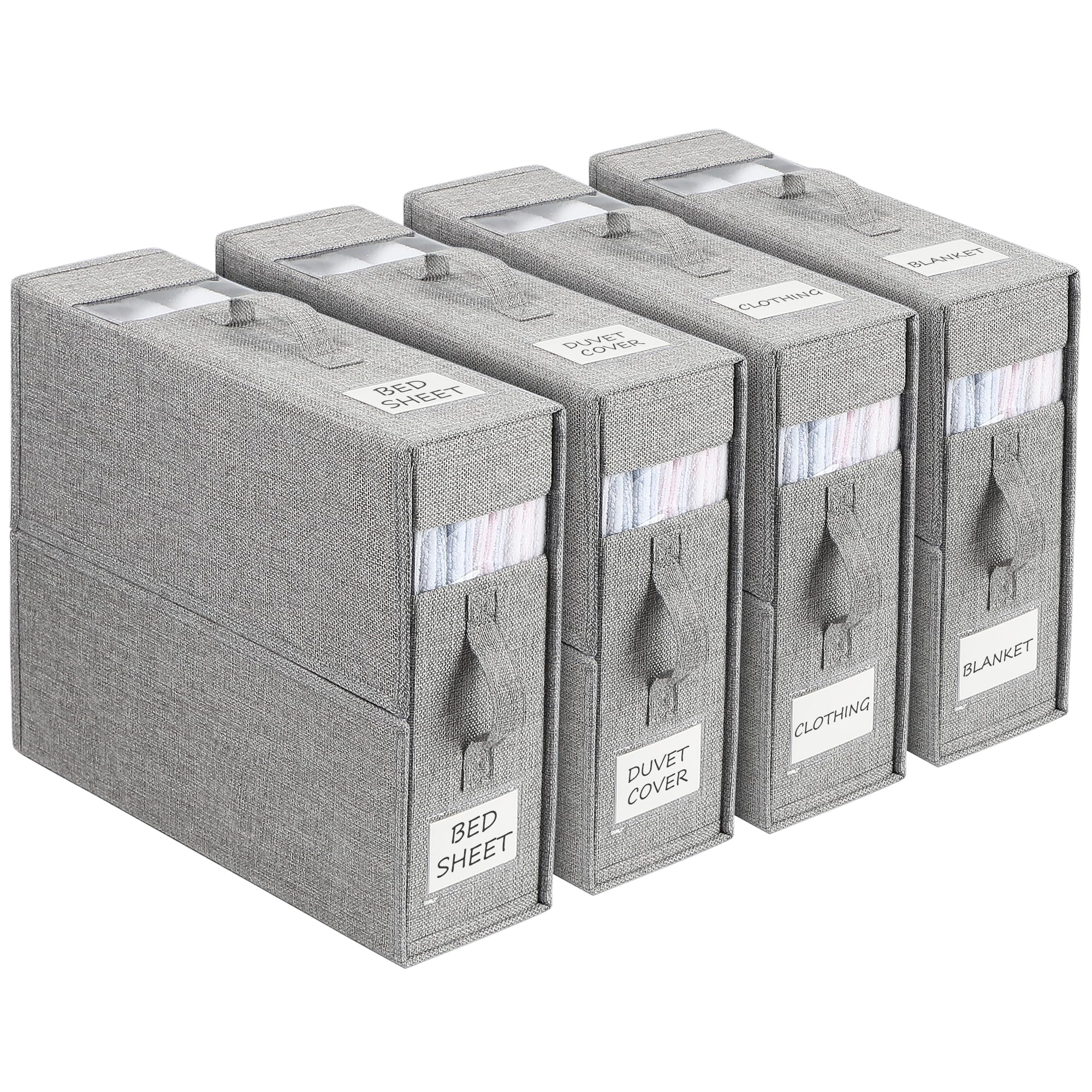 WELTRXE Bed Sheet Organizer, 4 Pack Foldable Bedding Organiser with Handle and Window, Foldaway Closet Storage Bins, Storage Container Box for King Queen Sheet Duvet Cover Set Blanket Clothes, Grey