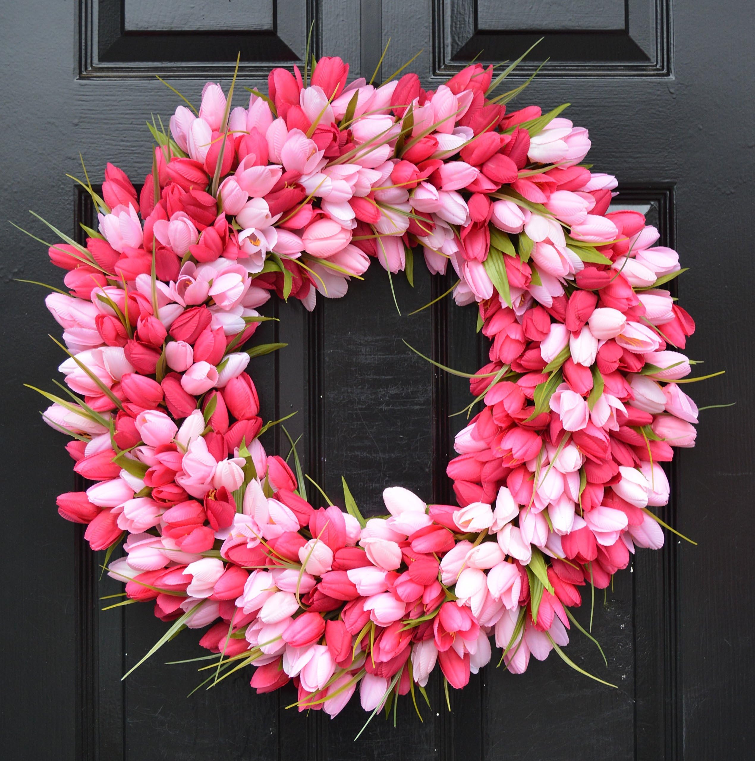 Elegant Holidays Thin Handmade Silk Tulip Wreath w Monogram & Bow- Decorative Home Décor Indoor Outdoor Storm Door- Welcome with Front Door Spring Wreaths- Great Easter/ Valentine's Holiday 16-24 in