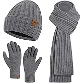 Mens Winter Beanie Hat Long Neck Scarf Touchscreen Gloves Set with Warm Fleece Lined Cap Gifts for Men Cold Weather