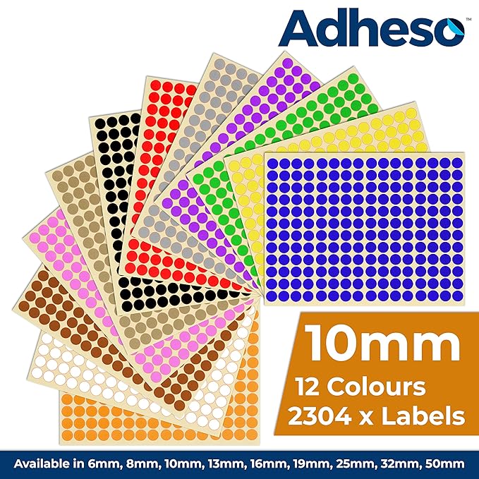 Adheso Pack of 12 Sheets of 10mm Round Coloured Easy Peel Self Adhesive