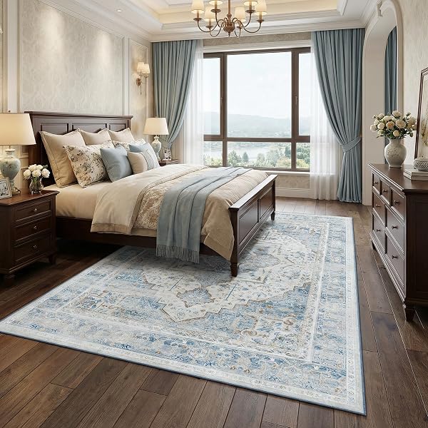 5X7 WASHABLE VINTAGE AREA RUG – DISTRESSED LIVING ROOM RUG NON-SLIP SOFT INDOOR CARPET STAIN RESISTANT FLOOR RUG FOR BEDROOM PLAYROOM DINING ROOM OFFICE, BLUE
