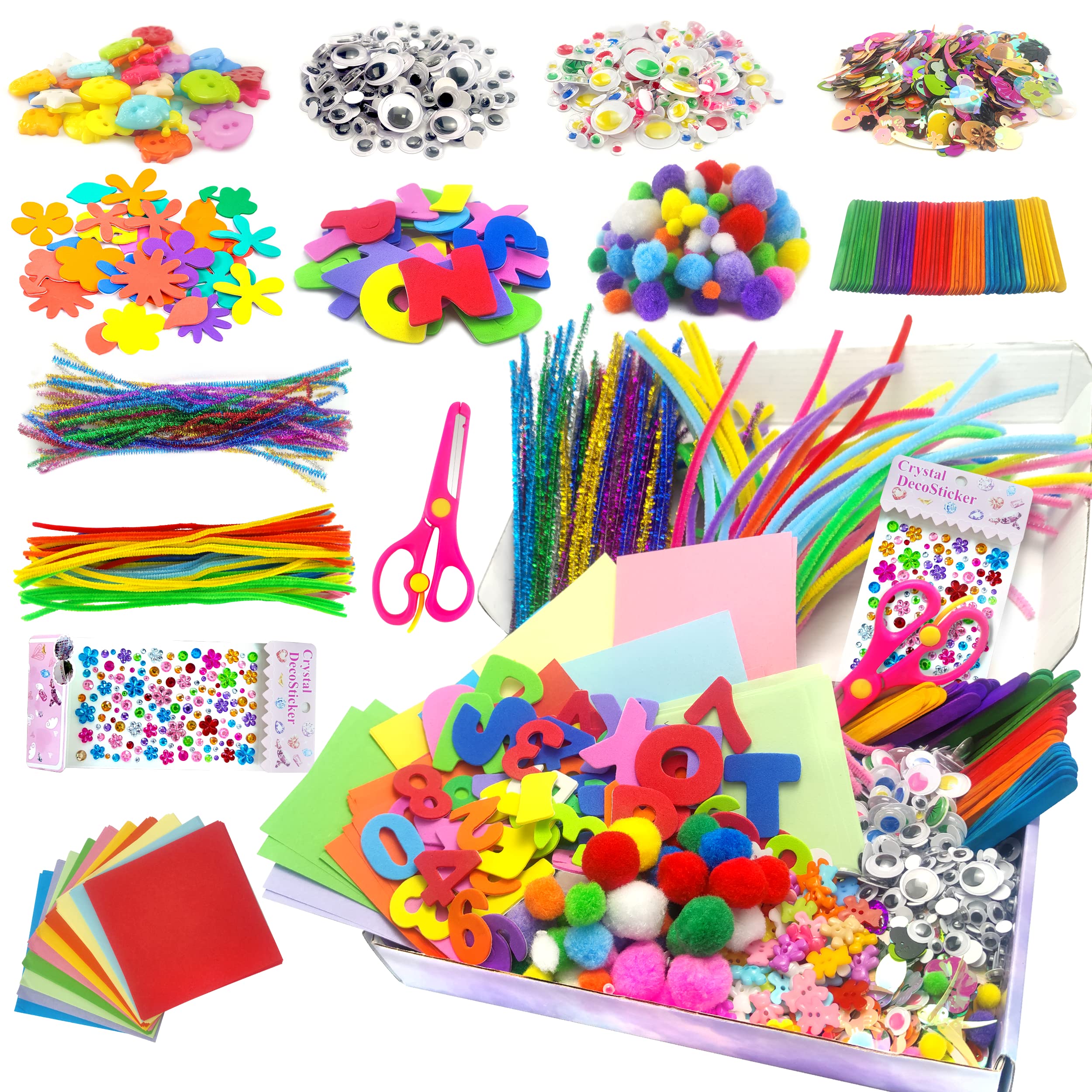 obqo 2000+ Pcs Craft Supplies for Kids, Toddler Craft Box Ages 4-8 Kids Included Pipe Cleaners, Pom Poms, Buttons & Box - All in One for Age 4 5 6 7 8