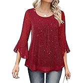 Bebonnie Women's Ruffle 3/4 Sleeve Elegant Dressy Blouses Crew Neck Double Layers Mesh Tunic Tops