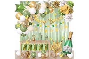 OUDDY PARTY Sage Green Birthday Party Decorations Kit for Women Girls, Foil Confetti Green Gold Balloon Happy Birthday Banner Fringe Curtains Butterfly Decor Circle Dots Tassels Pom Supplies 30th 40th 50th Her