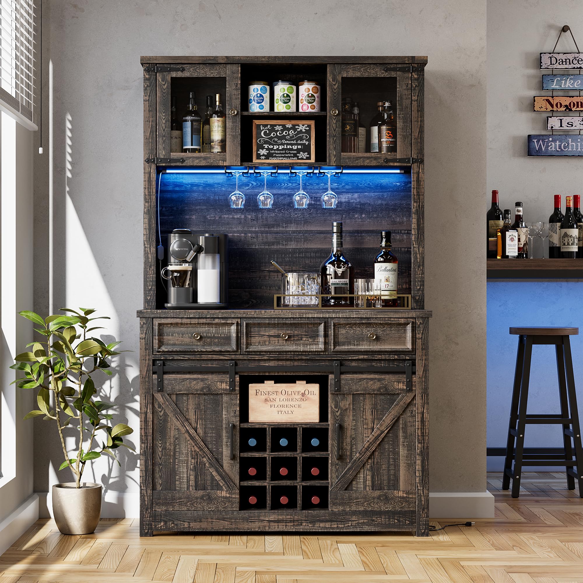 Photo 1 of IDEALHOUSE 72" Modern Farmhouse Coffee Bar Cabinet with LED Lights & Power Outlets, Sliding Barn Doors, Rustic Dark Oak Kitchen Buffet with Wine Storage, Ample Storage for Home Bar, Microwave