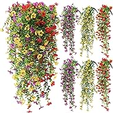 FineCheer 6 Pcs Spring Artificial Hanging Flowers Outdoor Faux Silk Mum Plant Decor Violet with Eucalyptus Realistic UV Resistant Trailing Vine Spring Porch Yard(Classic Color,Violet)