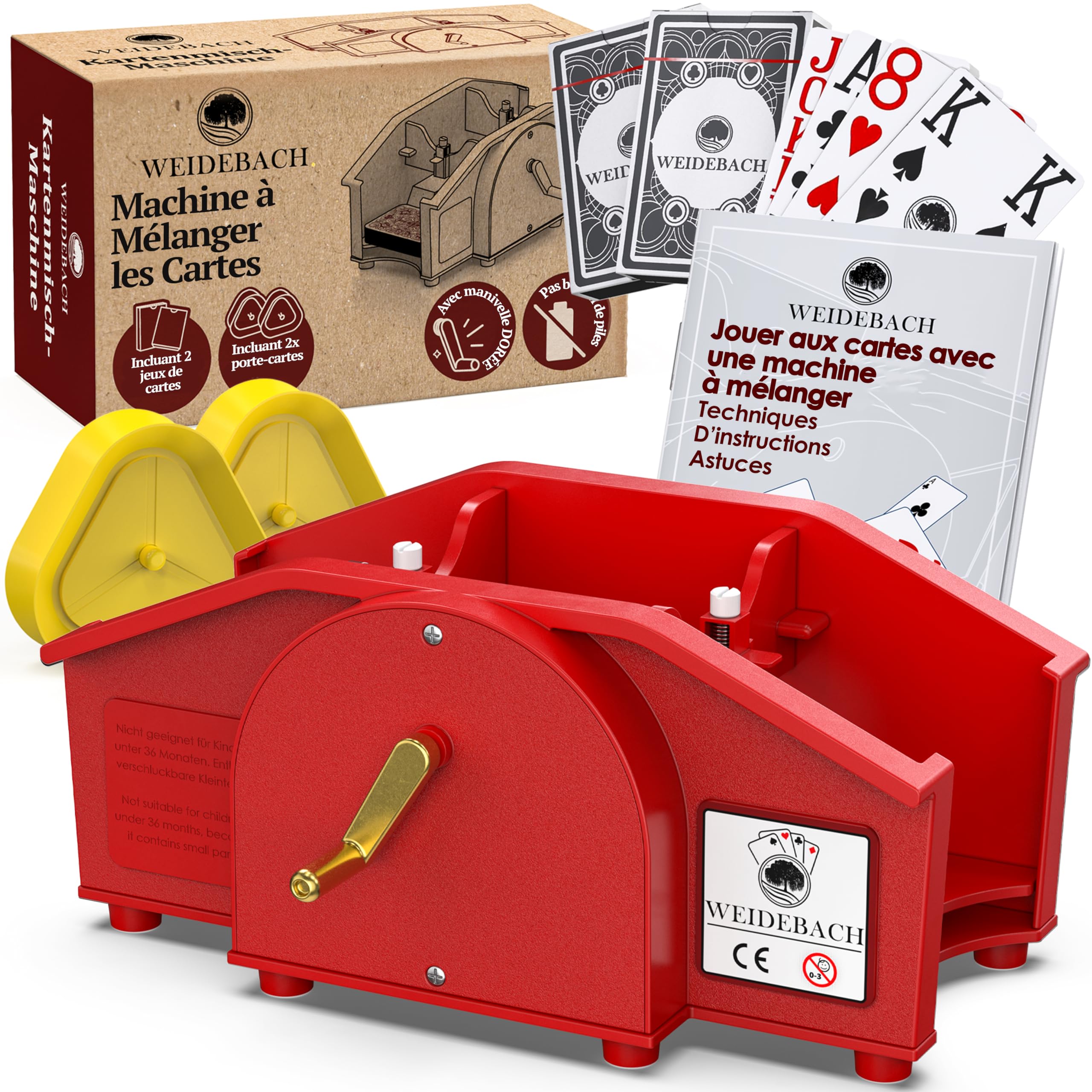 Weidebach® Red Card Shuffler with Golden Crank for All Standard Card Games, Shuffler with 2x Decks & Spare Crank, Card Mixing Device with Booklet for Fun Game Nights