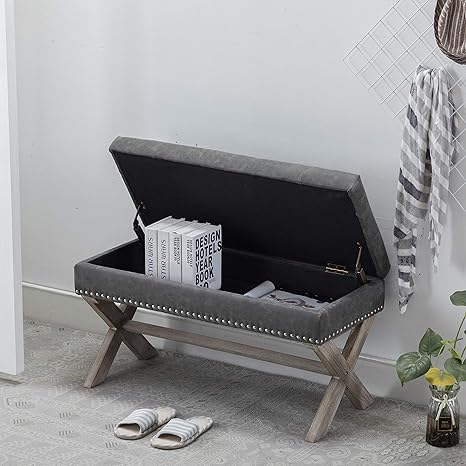 Fabric Storage Benches Distressed Pattern Pu Leather Bedroom Bench X Shape Legs With Nailhead Decor Thunder Gray