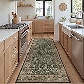 Bavni 2'6''x6 Rug Runners for Hallways, Washable Runner Rug Non Slip, Vintage Floral Print Style Rugs for Bedroom-Lightweight Low Pile Carpet for Hallways Bathroom, Dark Green/Multi