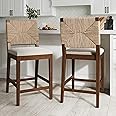 Nathan James Beacon Bohemian Boucle Bar Stool, Upholstered Bar Stool or Island Chairs for Kitchen, Seagrass Counter Height Stool with Back and Solid Wood Legs, Cream Boucle/Dark Brown, Set of 2