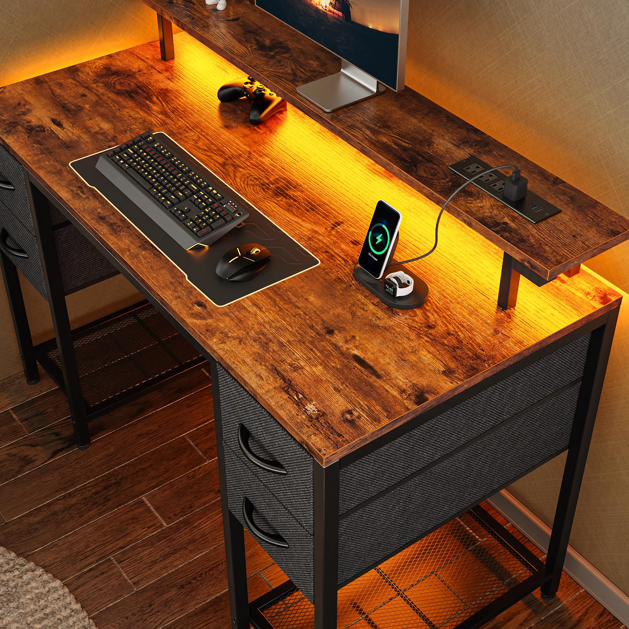 Huuger 47 inch Computer Desk with 4 Drawers, Gaming Desk with LED Lights & Power Outlets, Home Office Desk with Large Storage Space for Bedroom, Work from Home, Rustic Brown and Black Image