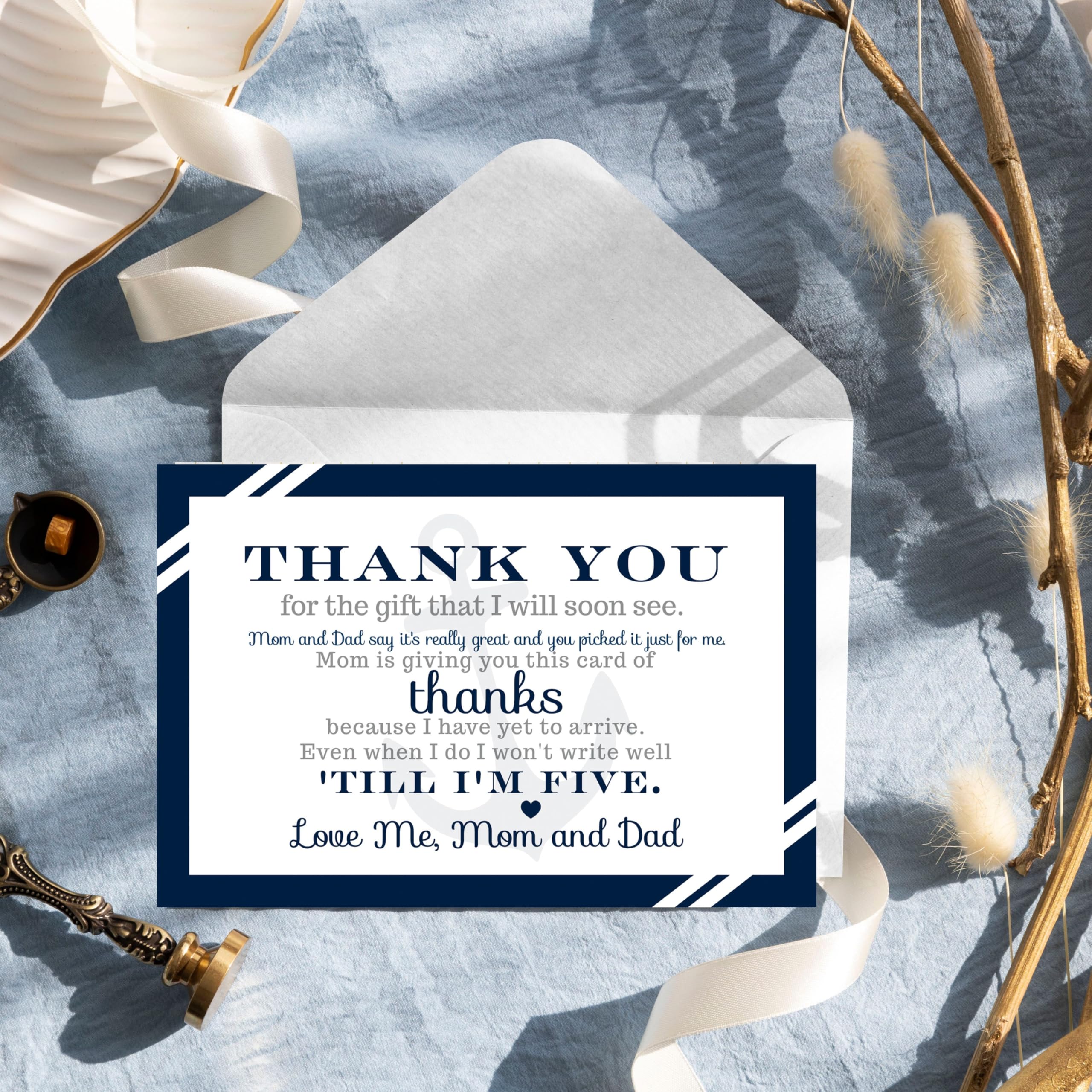 Nautical Baby Shower Thank You Cards with Envelopes (25 Pack) Preprinted Message from Baby Boys with Customizable Space for Handwritten Note from New Parents, 4x6 Double-Sided Card Navy Blue