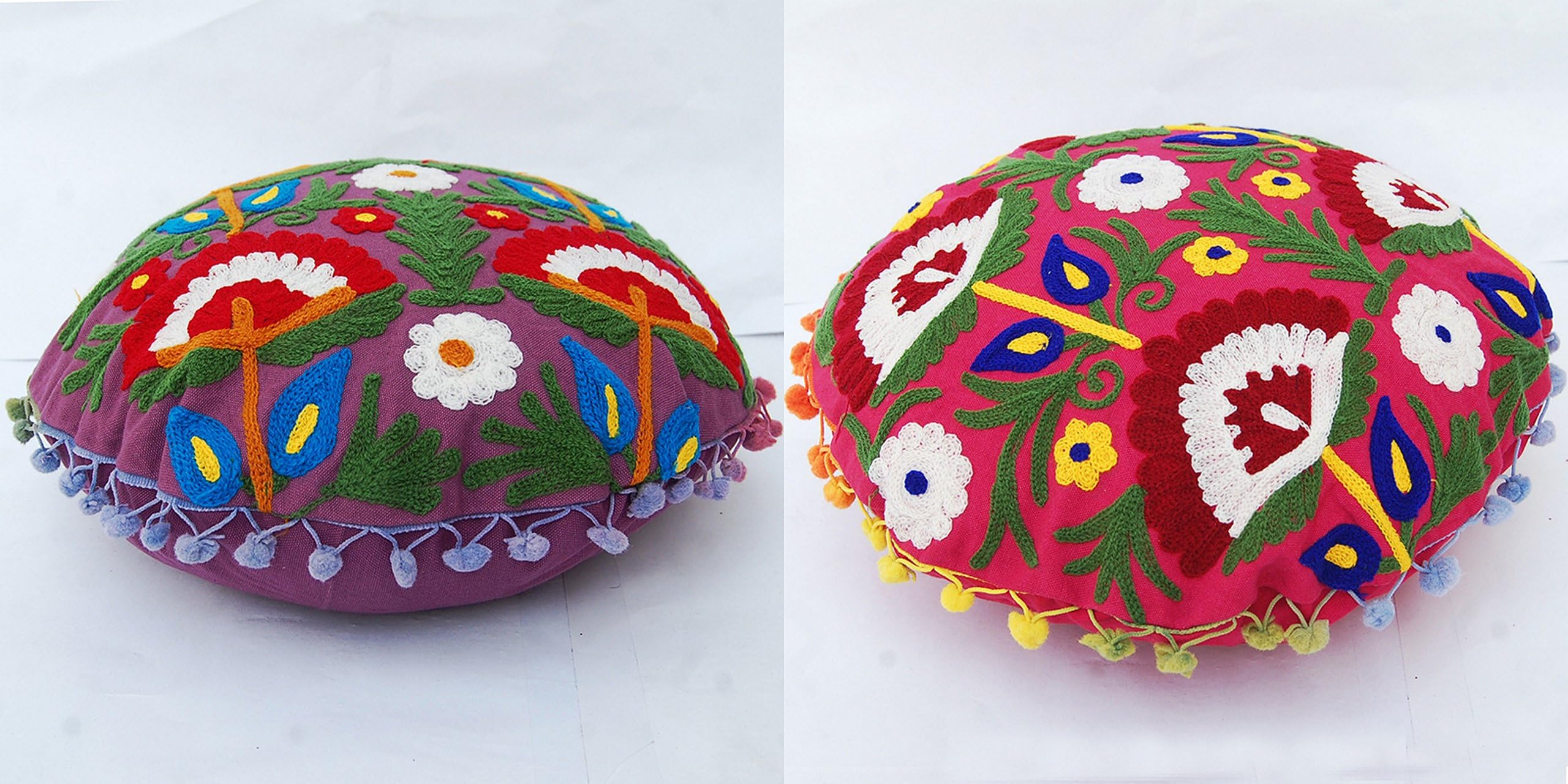 2 Pc Floor Pillows, Suzani cushion Indian Ottoman Large Floor Pillows Embroidered Round Cushions Cover