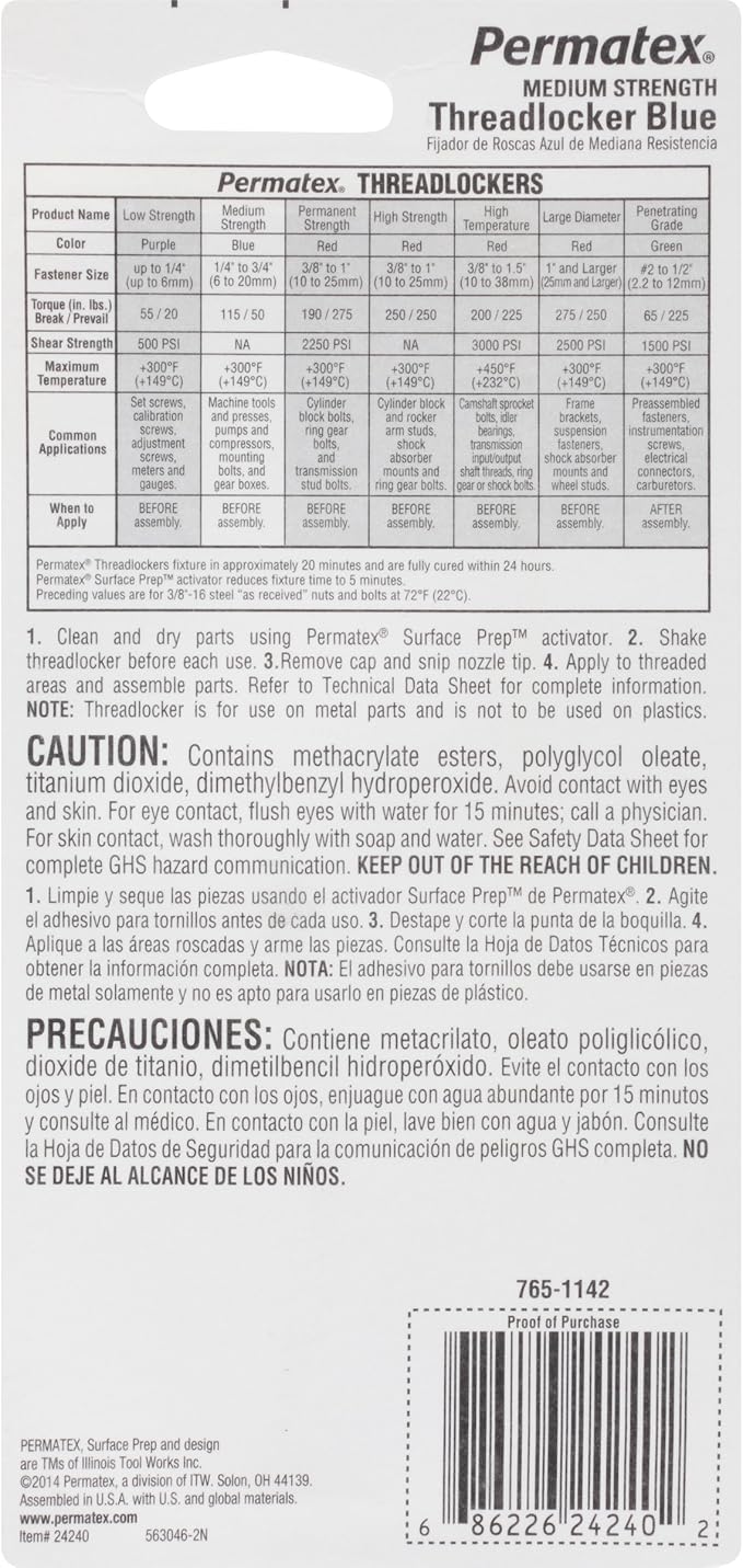 Permatex 24240 Medium Strength Threadlocker Blue 36 Ml