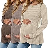JoyMotion 3 Pack Women's Maternity Shirts, Ribbed Long Sleeve Pregnancy Sweaters Tunic Pleated Tops Crew Neck Casual Blouses