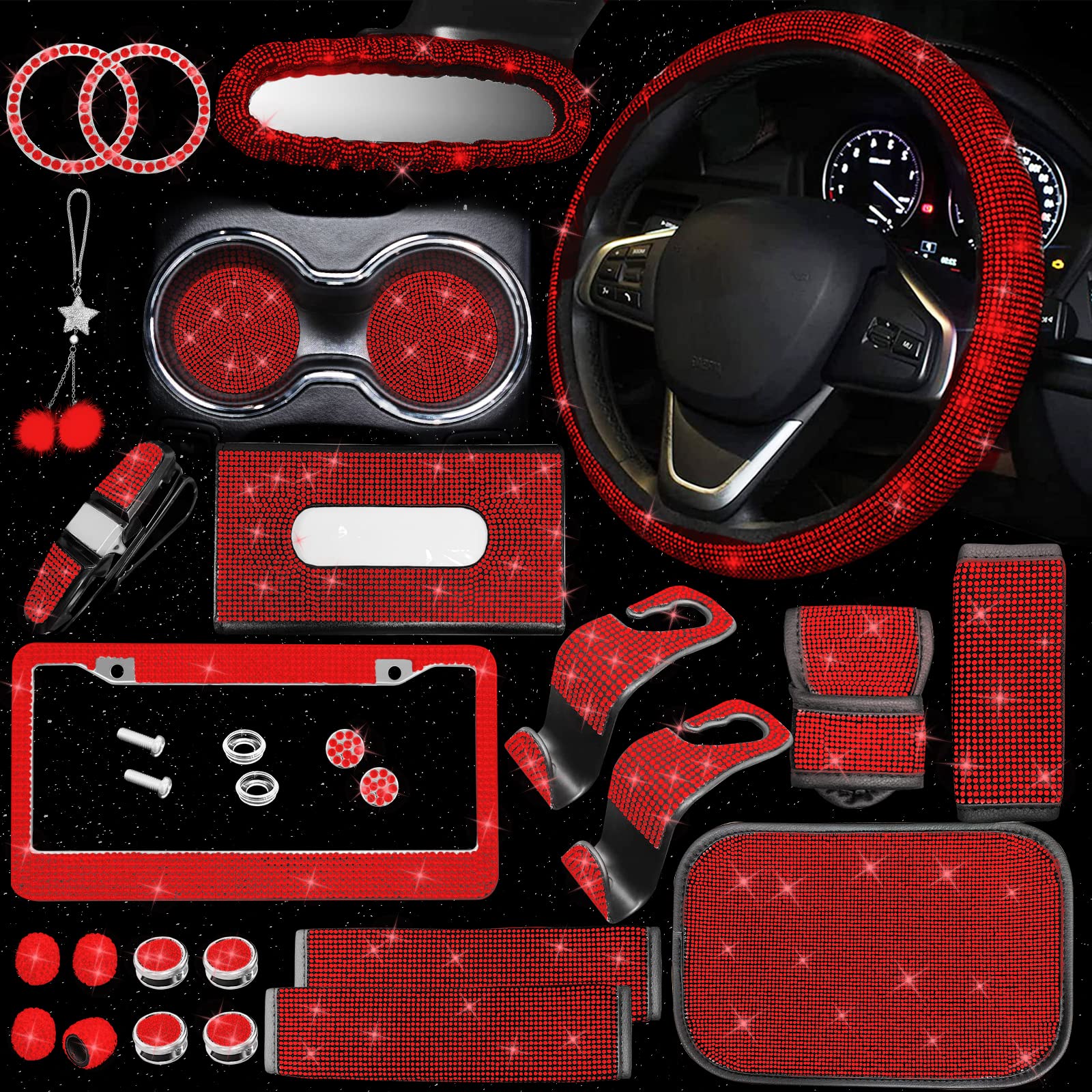 Photo 1 of JINGSEN 25PCS Bling Car Parts Set, Car Parts Set Female Plug Universal 15 Inch, Shiny License Plate Frame, Center Console Cover and Rearview Mirror Set and Other Car Accessories(Red)