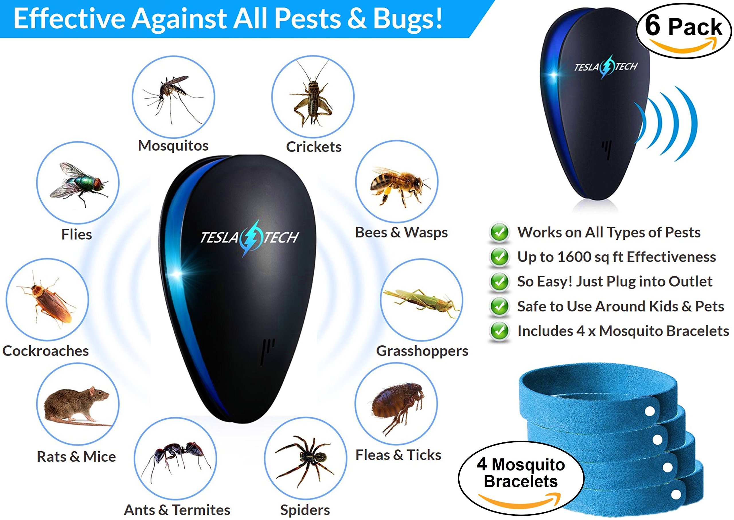 ULTRASONIC PEST REPELLENT 6-PACK & 4 MOSQUITO BRACELETS [2018 NEW MODEL] Electronic Plug In Repeller to Control Rats, Mice, Mosquitos,Insects, Spiders, Fleas, Roaches, Eco-Friendly - Baby & Pet Safe!