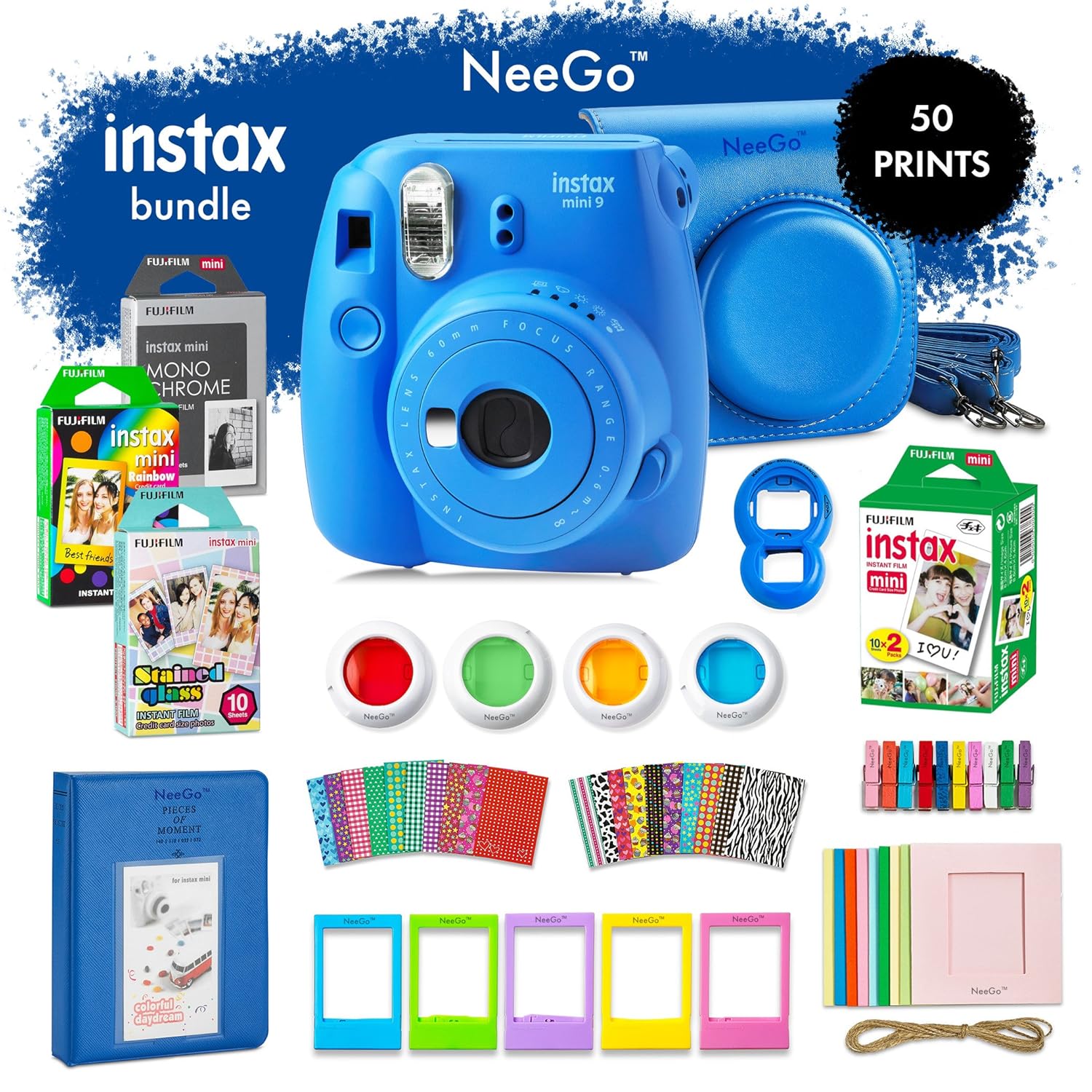 NeeGo Instax Mini 9 Instant Camera Bundle&ndash;Deluxe Kit With Camera, Matching Case &amp; 4 Fun Film Packs&ndash;Rainbow, Stained Glass, Monochrome &amp; White 50 Exposures For Instant Creative Photos-Cobalt Blue
