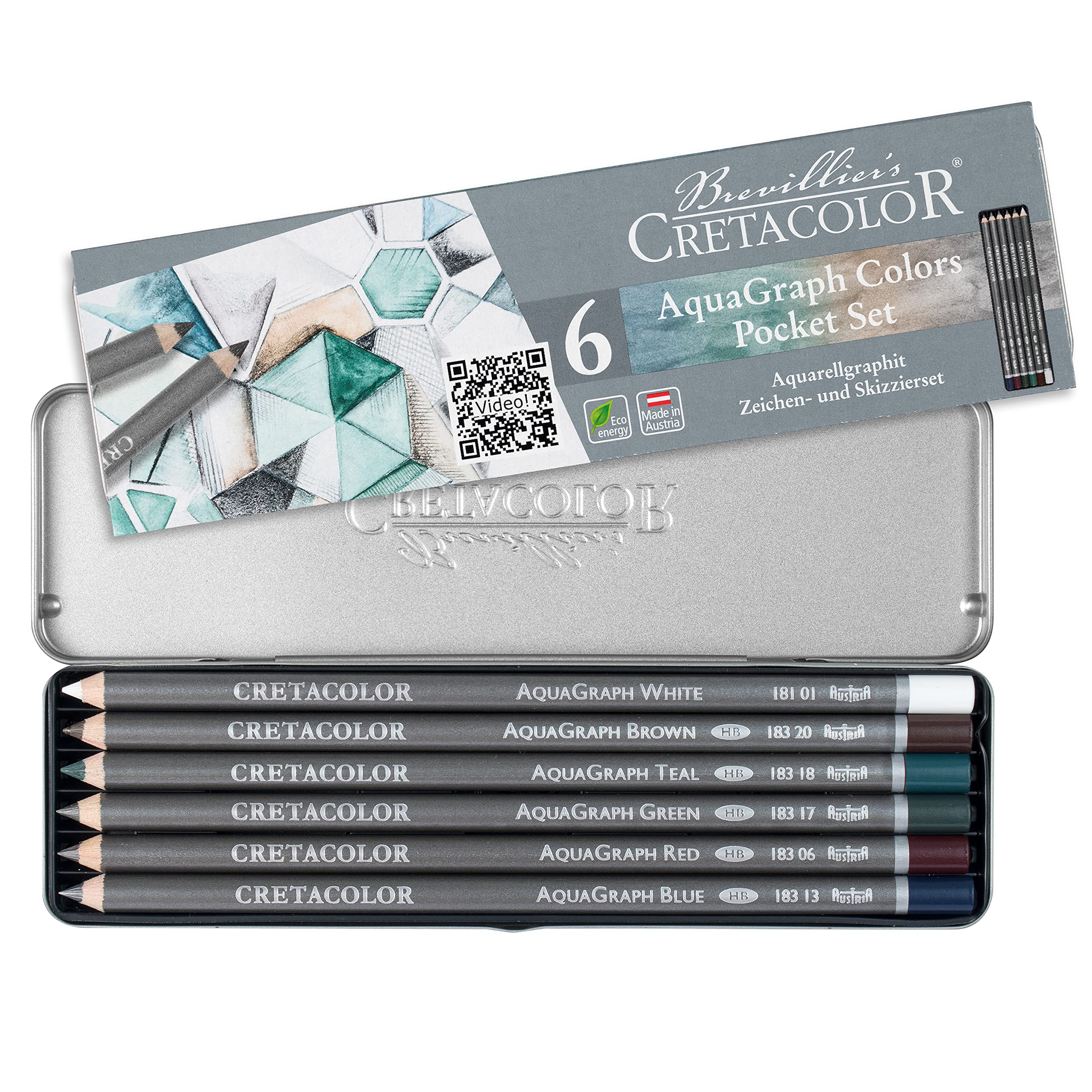 Cretacolor Aquagraph Colors Pocket Set, Watersoluble Graphite Pencils with Colour Accents for Watercolour Effects, Red/Blue/Green/Petrol/Brown/White, in Practical and Robust Metal Case