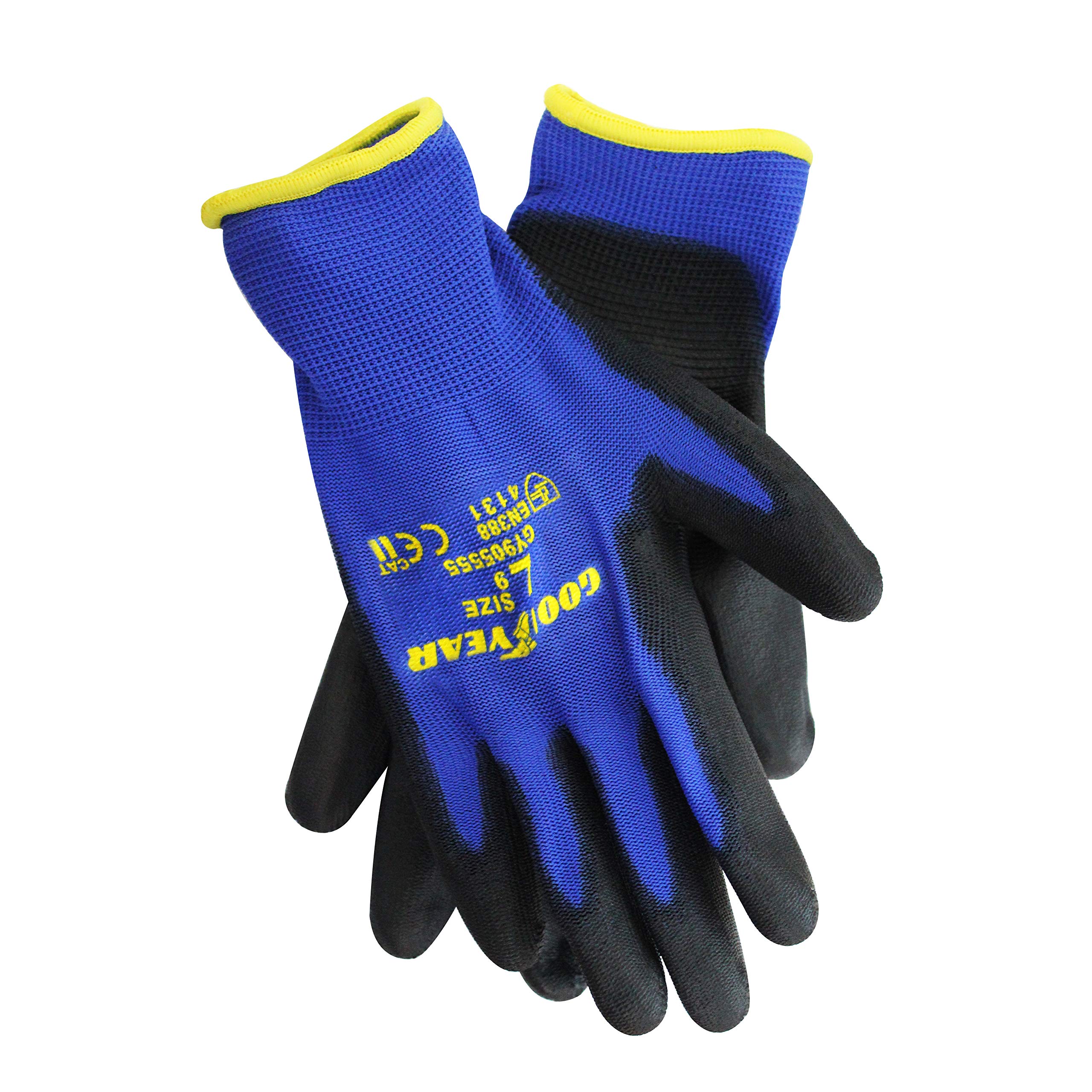 Goodyear 6 X Nylon PU Coated Safety Work Gloves Garden Grip Men Builder Gardening Mechanics Cut Tear Resistant Puncture EN388 4131 and CE Cat II certification - Large