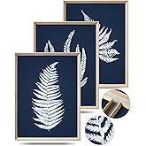 UPWOIGH Wood Framed Wall Art, Minimalist 12x16in Botanical Wall Decor, Fern Plants Framed Prints, White Leafs Tropical Plants,Blue Naval Background High-Frame Process,Bedroom,Set of 3