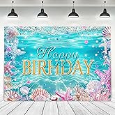 Ufeela Ocean Backdrop Happy Birthday Summer Coastal Blue Sea Birthday Starfish Shells Coral Plant Cute 7Wx5H Feet Fabric Polyester Photography Background Banner Photo Shoot Decor Prop