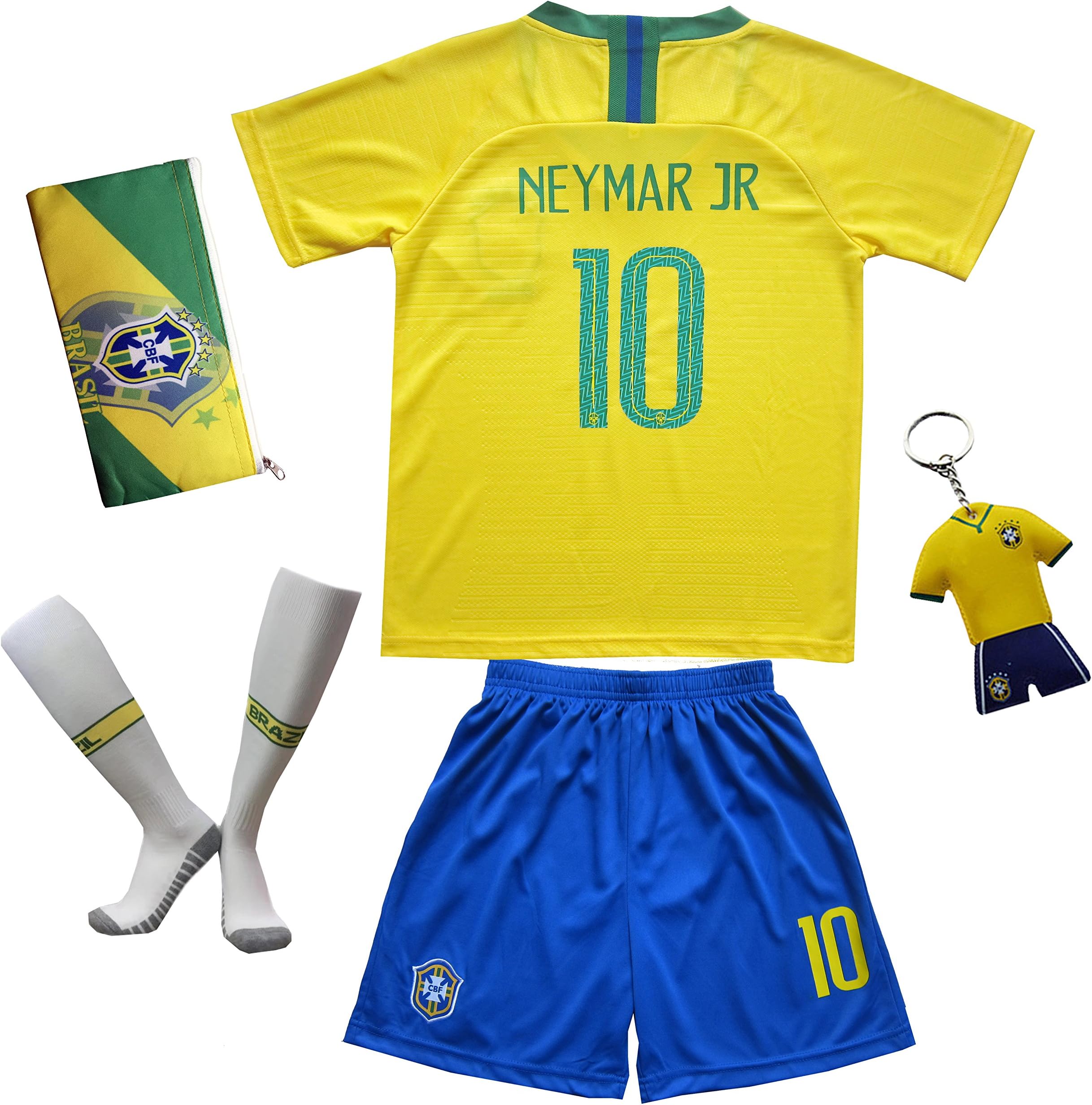 KID BOX Brazil #10 Neymar JR. Kids Home Soccer Jersey & Shorts Socks Set Youth Sizes (Yellow, 3-4 Years)
