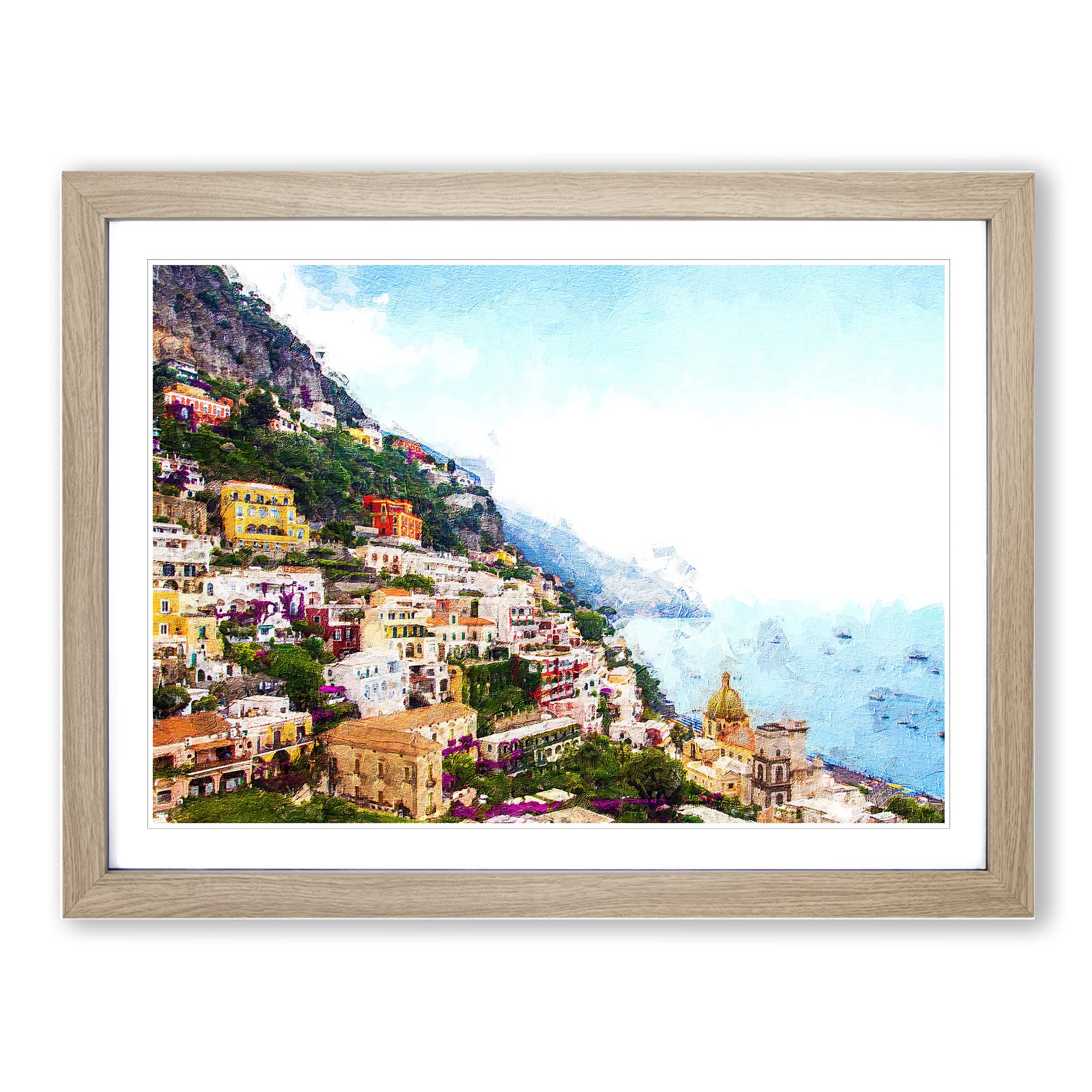 Positano On The Almalfi Coast In Italy Modern Art Framed Wall Art Print, Ready to Hang Picture for Living Room Bedroom Home Office Décor, Oak A4 (34 x 25 cm)