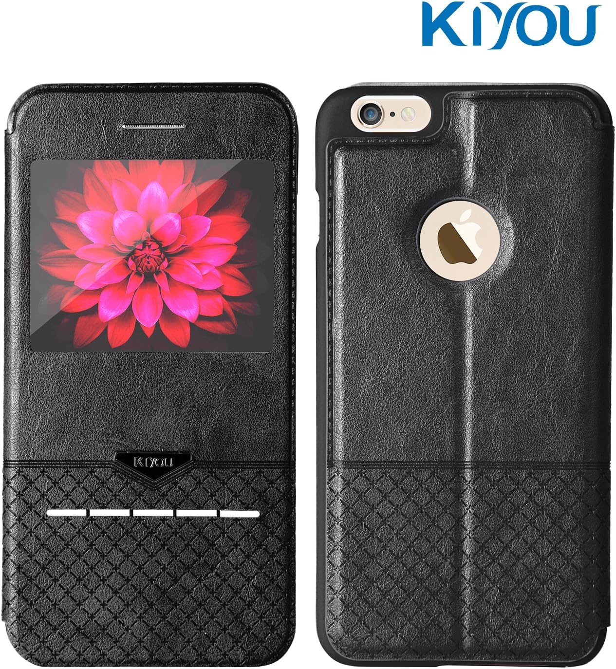 iPhone 6s Flip Holster Case KIYOU Smart Touch Series Folio Flip Magnetic Closure Metal Sensor Kickstand View Window Full Protection Leather Case for Apple iPhone 6/6s (4.7 Black)