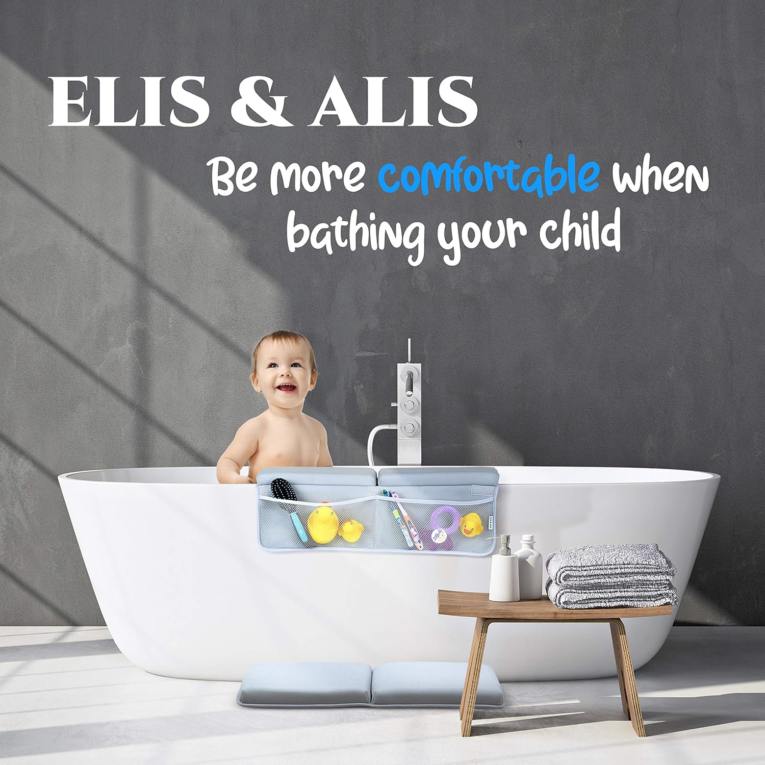 Elis & Alis Bath Kneeler with Elbow Rest Pad, Baby Bath Kneeling Set, Knee and Elbow Cushioned Support, Water Resistant Fabric, Mesh Pocket for Infant Toys & Bathing Accessories : Baby