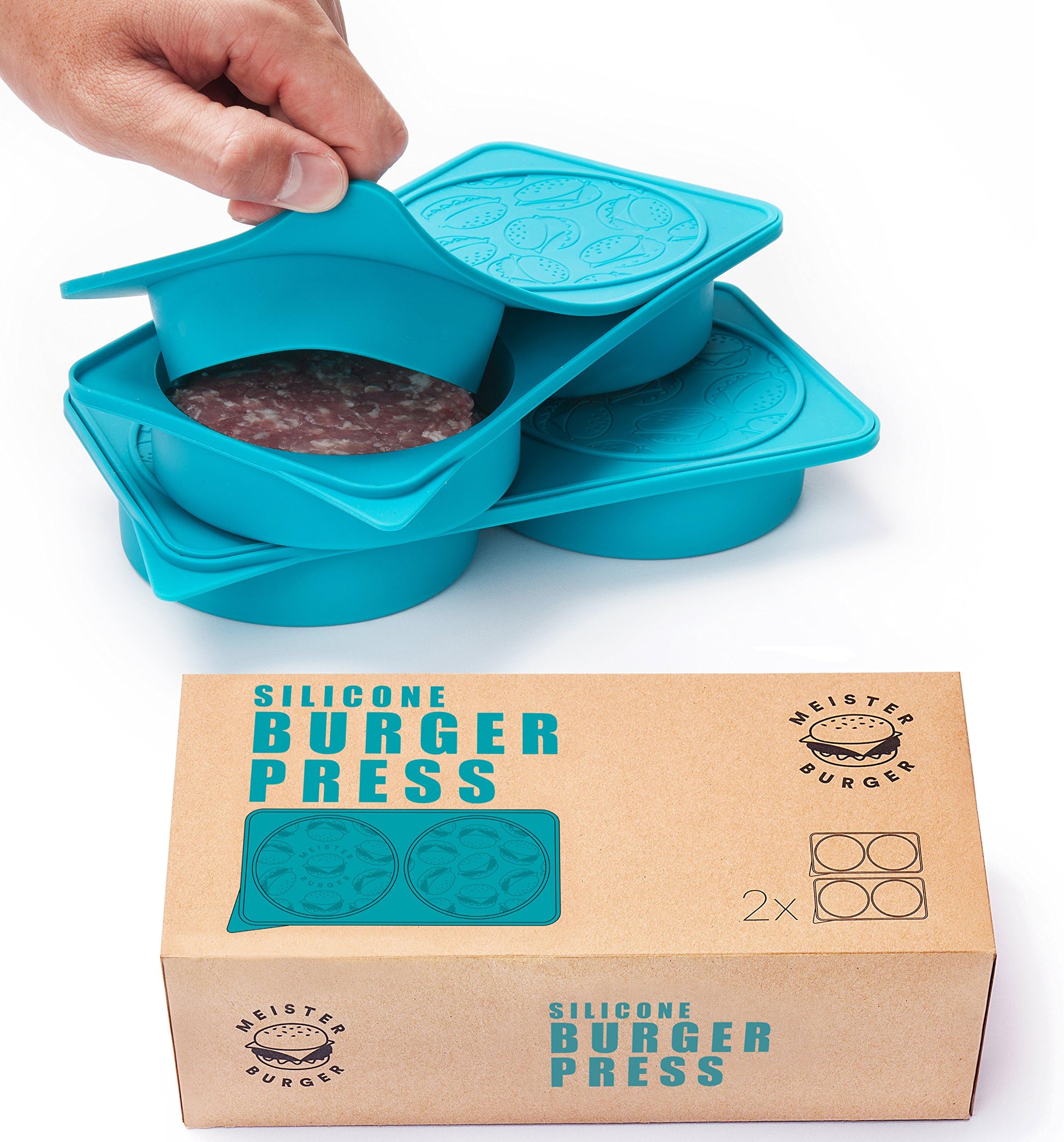 MeisterBurger Silicone Burger Press - Non-Stick FDA Approved Burger Patty Mold Set - Perfect Patties Maker - Freezer Container, Baby Food Storage - Dishwasher Oven Safe, Kid Friendly - [Set of 2]