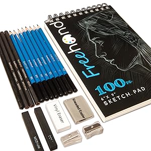 Sketch Pencils Set - Drawing, Sketching and Charcoal Pencils. Includes 100 Page Drawing Pad and Kneaded Eraser. Art Kit and Supplies for Kids, Teens and Adults.