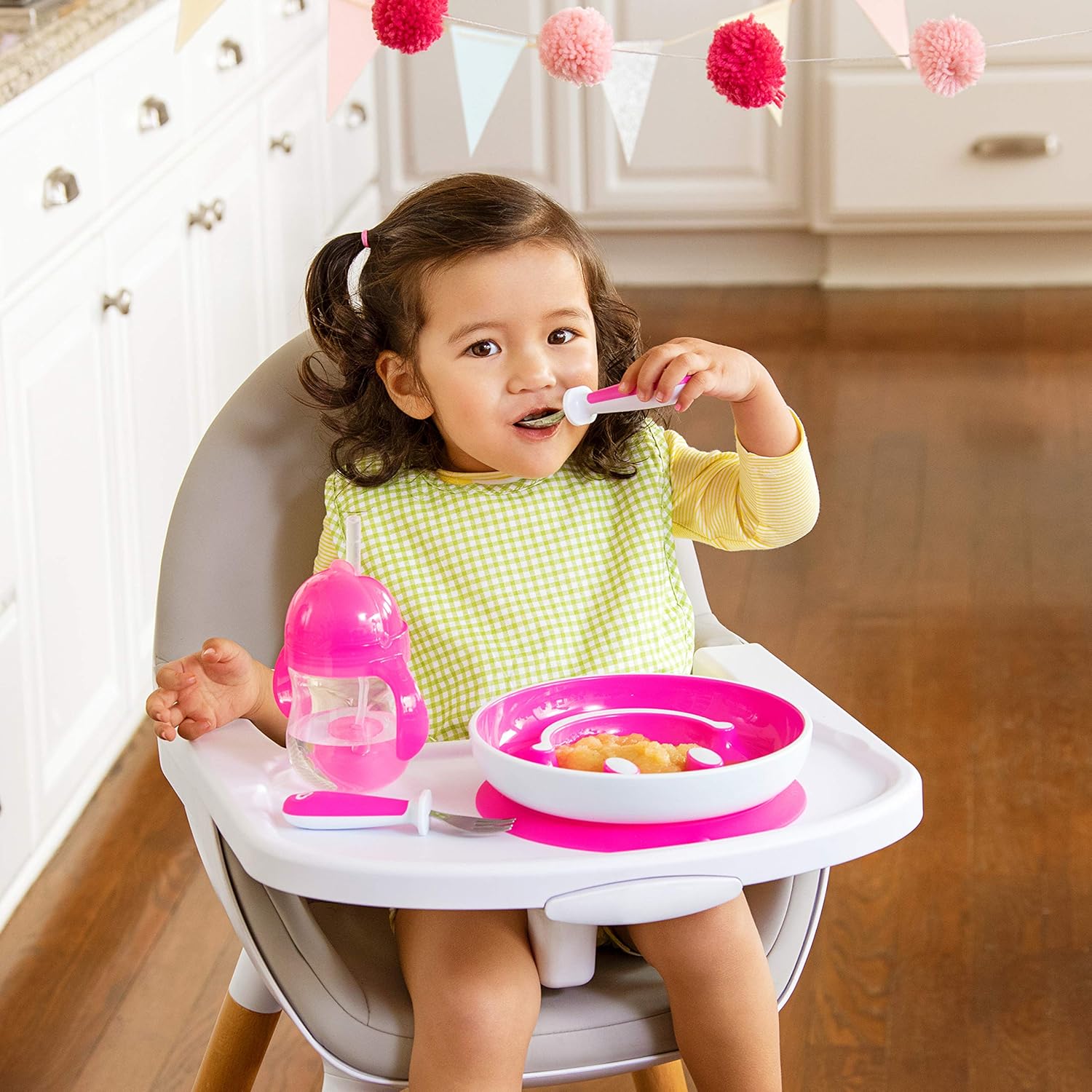 Munchkin® Be Happy Toddler Dining Set, Includes Suction Plate, Straw Cup and Utensil Set, Pink, 4 Piece set - Image 5