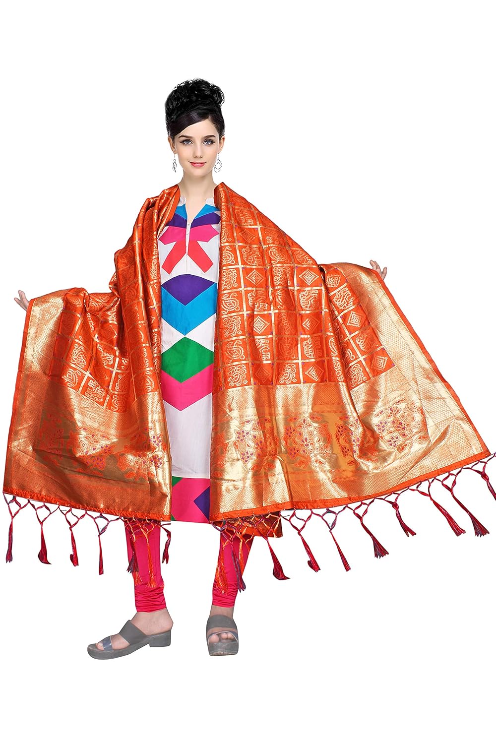rahee collection women's banarasi bandhani silk dupatta (orange & gold)