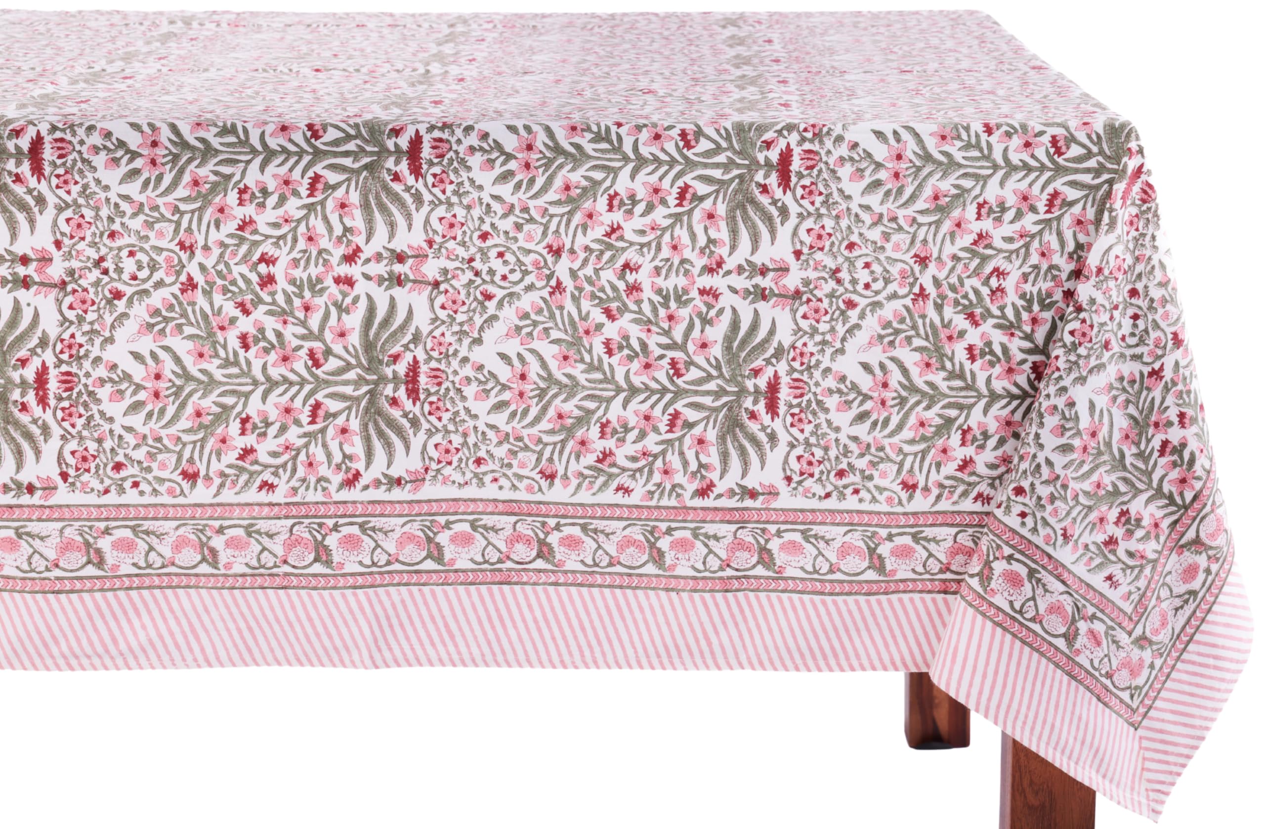 Photo 1 of ATOSII Nargis Pink 100% Cotton Rectangle Boho Spring Tablecloth, Handblock Floral Table Cloth Linen for Kitchen Dining I Parties Wedding Outdoors Easter Holidays Home Decor 60 X 90 Inches I 6 Seater