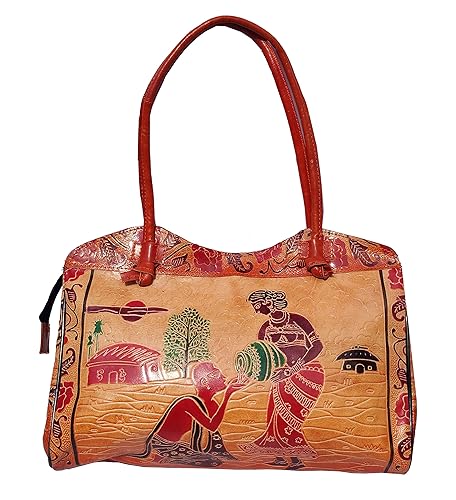 Tant Ghar Womens Handmade Embossed Printed Pure Leather Shantiniketan Handbags (Brown)