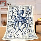 Nautical Octopus Blanket Super Soft Warm Fluffy Fleece Flannel Sea Animal Throw Blanket Cozy Fuzzy Plush Stuff Bedding Sealife Blankets Gifts for Women Kids Boys Girls Adults 50"X40"
