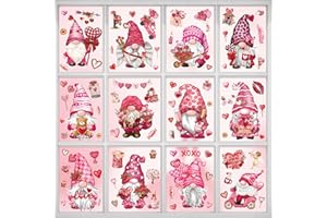 BORAMDO Valentine's Day Window Clings 12 Sheets, Happy Valentine's Day Gnome Window Decals Stickers, Removable Pink Window Decorations for Glass Windows Holiday Home Office Decor