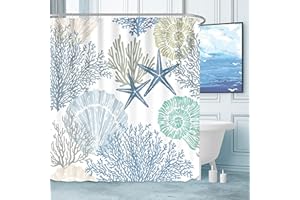 Tritard Nautical Coastal Waterproof Fabric Shower Curtain Starfish Seashell Coral Beach Themed Bath Curtain Ocean Shower Curtains for Bathroom with 12 Hooks, 72x72, Blue