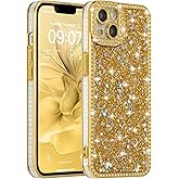 FABSPARK Case for iPhone 15 Pro,Glitter Crystal Diamond Rhinestones Sequin Shiny Bling Sparkly Glossy Luxury Electroplated Case,Aesthetic Cute Full Protection for iPhone 15 Pro,Golden