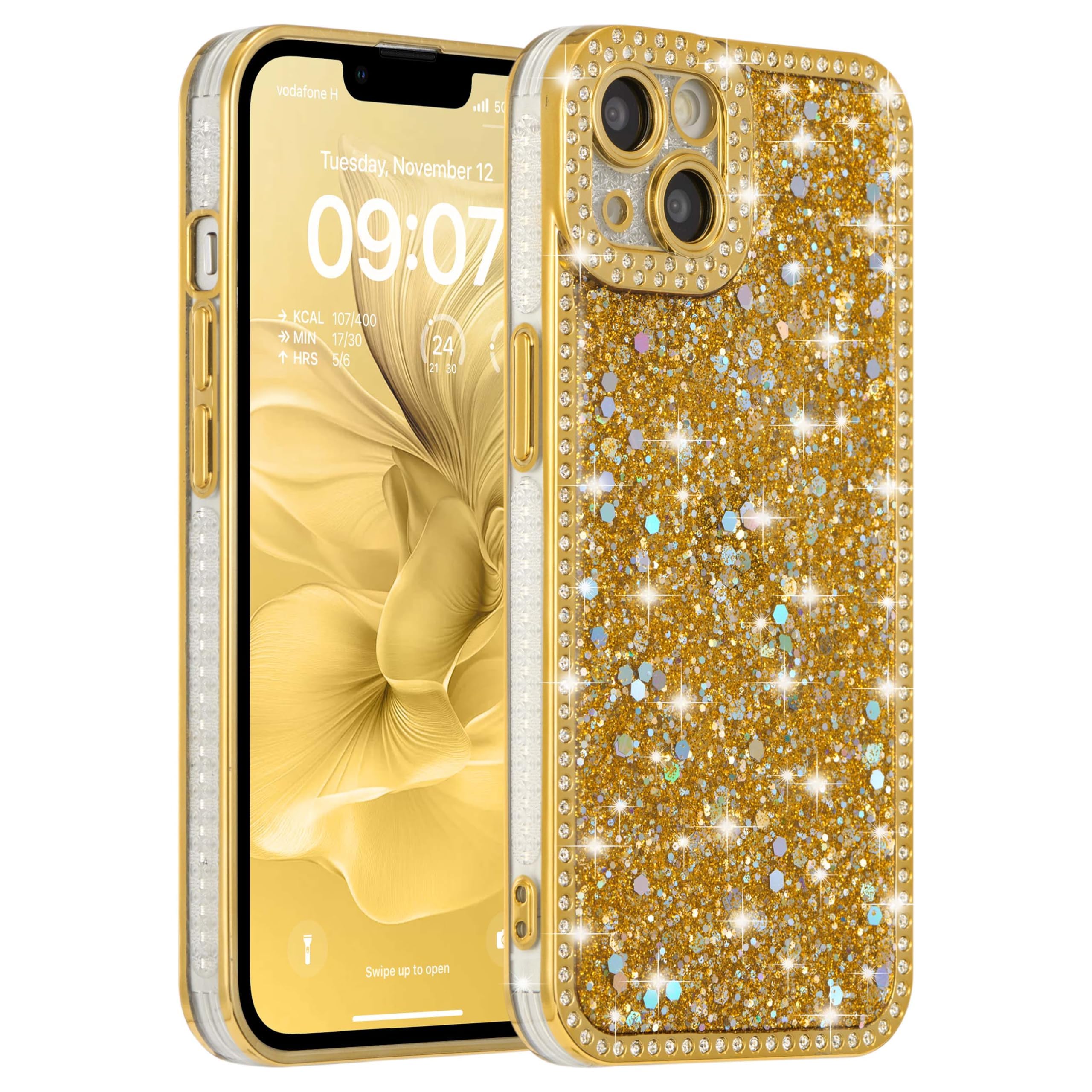 Photo 1 of FABSPARK Case for iPhone 12 Pro Max,Glitter Crystal Diamond Rhinestones Sequin Shiny Bling Sparkly Glossy Luxury Electroplated Case,Aesthetic Cute Full Protection for iPhone 12 Pro Max,Golden