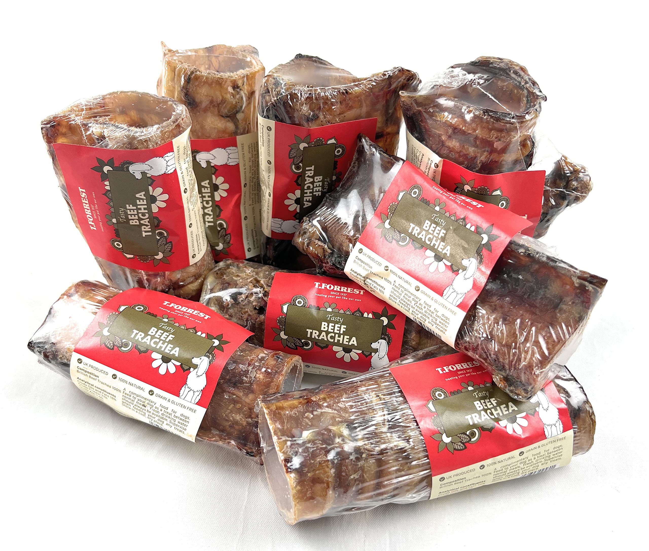T forrest 8 x 100% Natural, Air Dried Dog Treats - 8 x Beef Tracheas (unfilled) - Produced in UK