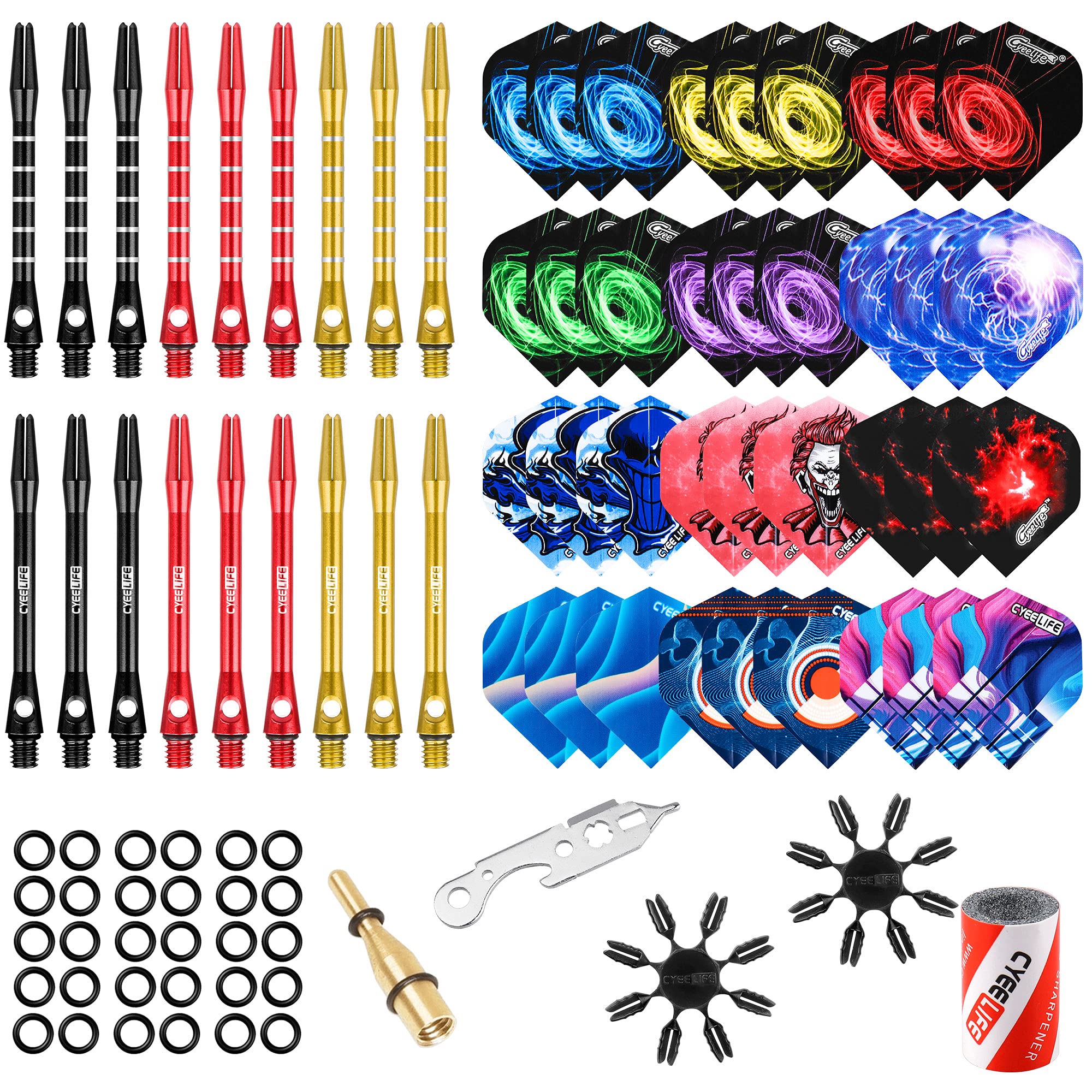 CyeeLife-Dart Accessories kit,36 Dart Flights+18 Aluminium Shafts+Sharpener+Dart Tool+100 Rubber Rings+16 Flight Protectors