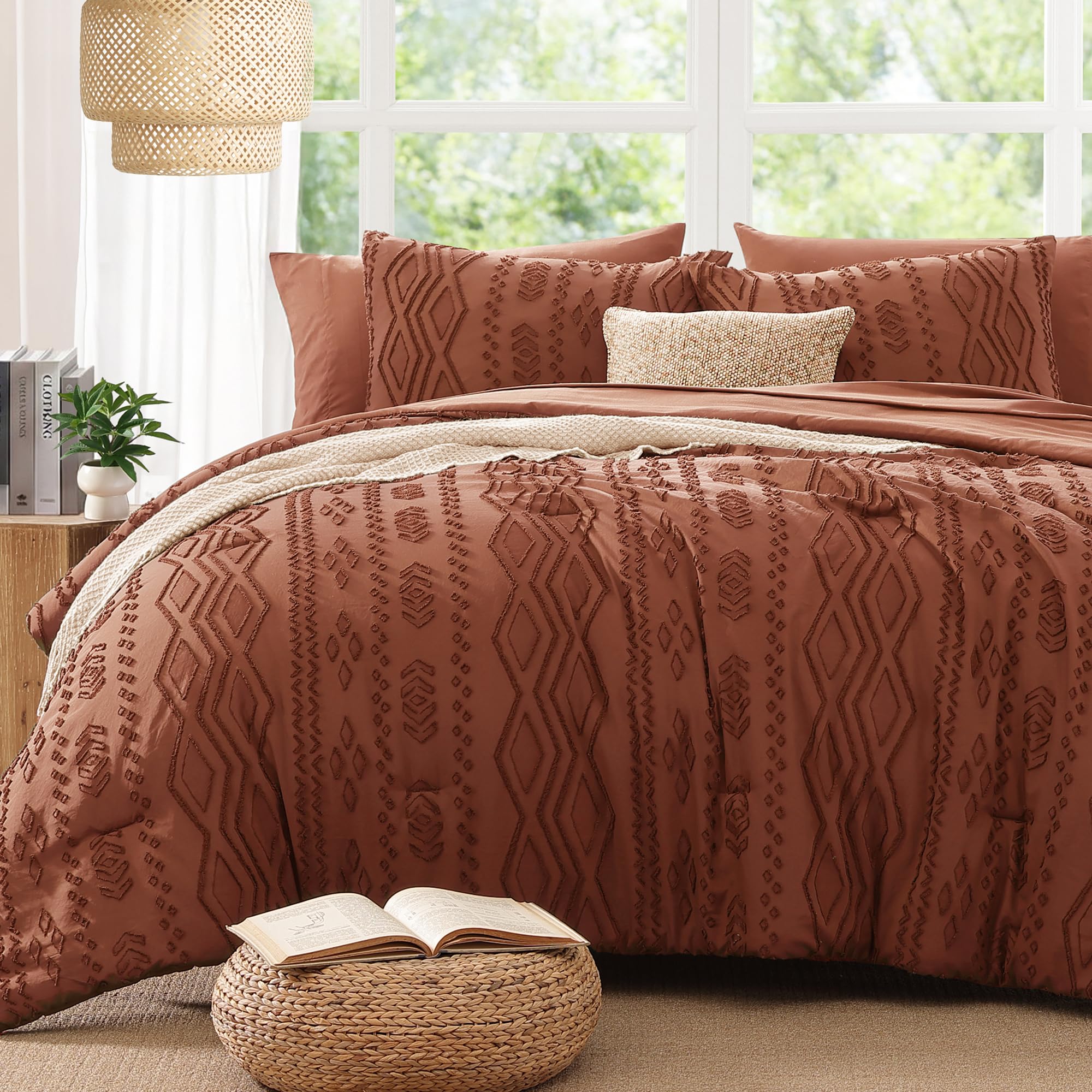 Photo 1 of AMBERSPACE King Size Comforter Set Autumn Leaf, Tufted Boho Bedding Farmhouse Bed Set, All Season 7 Pieces Bed in a Bag with Sheets, Pillowcases & Shams