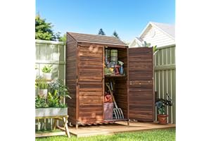 Outsunny Outdoor Storage Cabinet, 5.7ft Tall Lean to Wooden Garden Storage Shed with Double Doors and Shelves, Patio Tool She